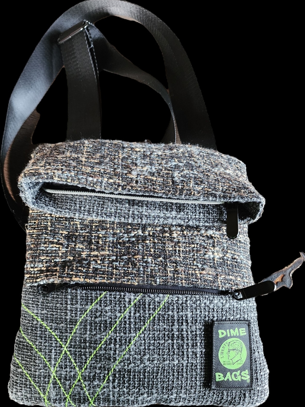 Gray Tweed Crossbody with Neon Green Stitching